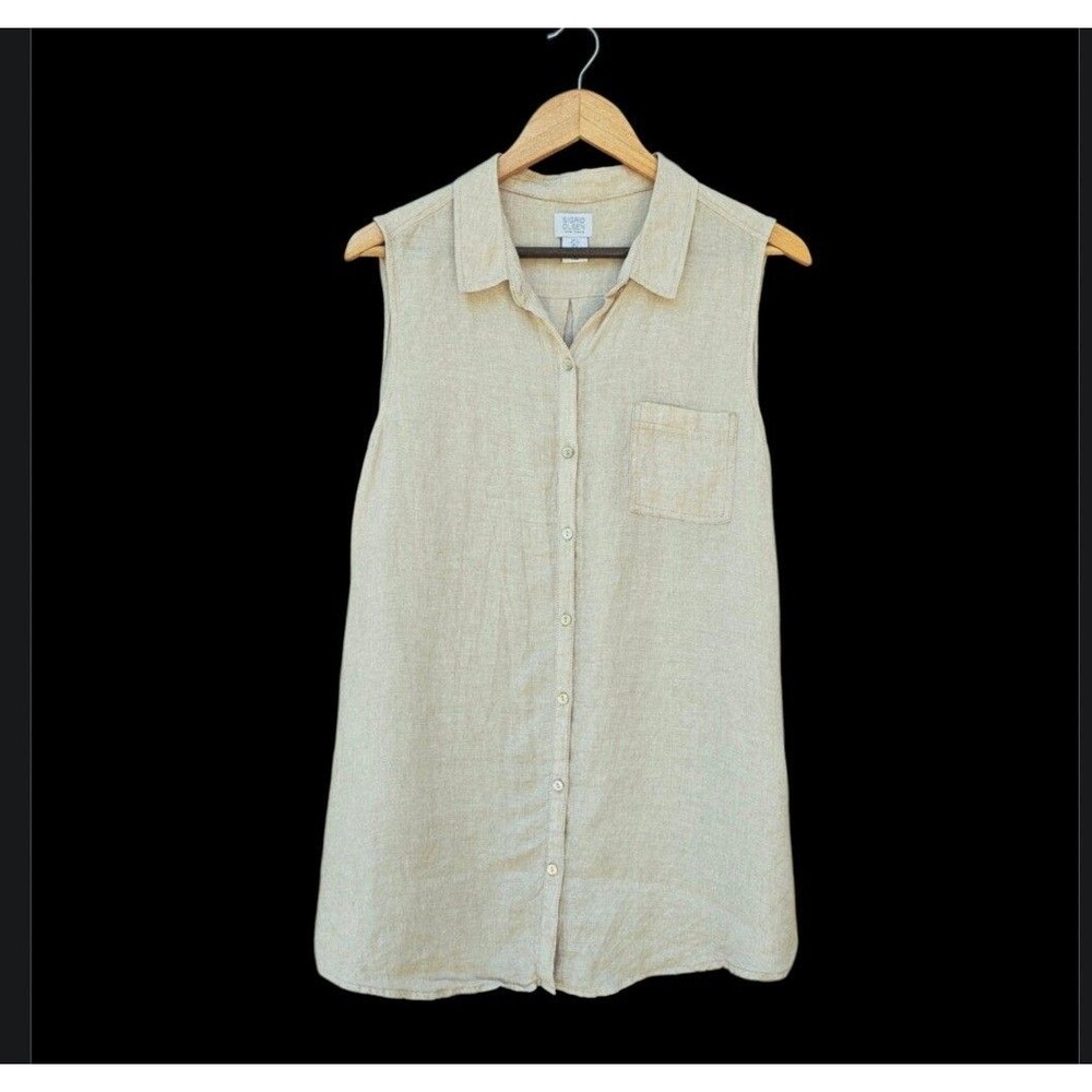 Sigrid Olsen Sleeveless Collared Button Front Linen Top Beige Tan Size Large